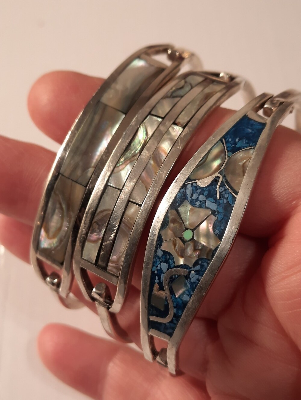 925 Silver Inlay Cuff Bracelet with Blue and Iridescent Mother-of-Pearl